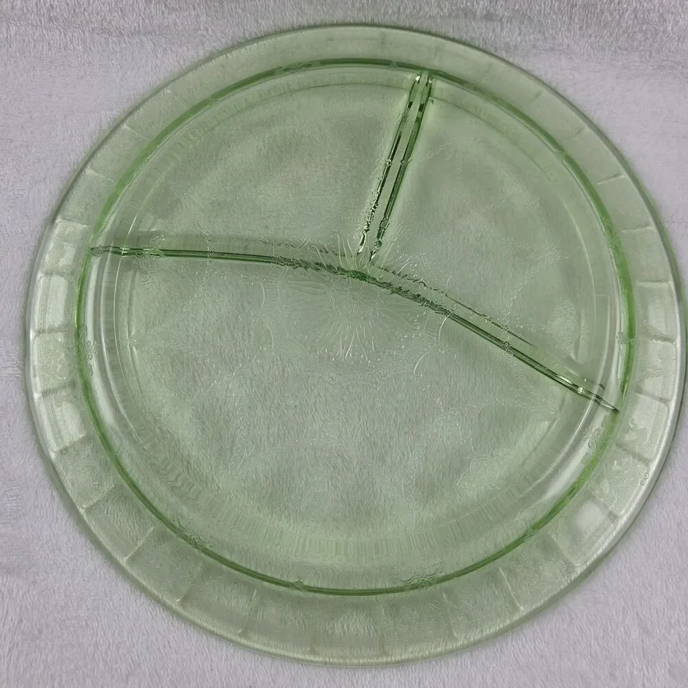 Uranium Glass Divided Plate Ballerina Cameo Dancing Girl Green Platter GLOWS